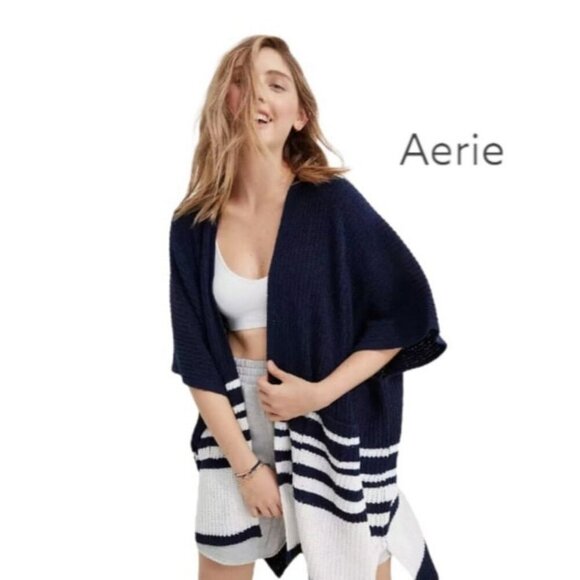 NWT Aerie Navy Blue White Oversized Long Heavy Knit Cardigan Size X-Small Small - Picture 1 of 7